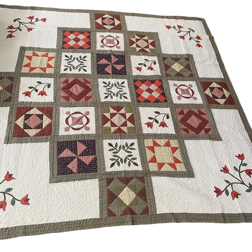 Nostalgia Home Fashions Handmade Sampler Patchwork Quilt Burgundy Floral Queen